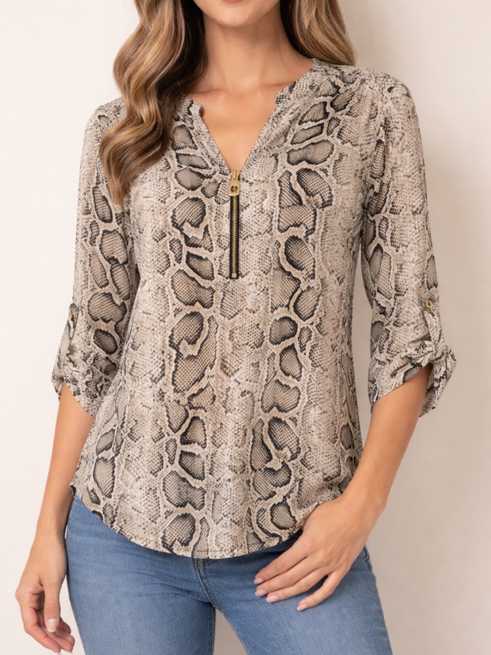 MICHAEL Michael Kors Taupe Snake-Print Zip Front Blouse